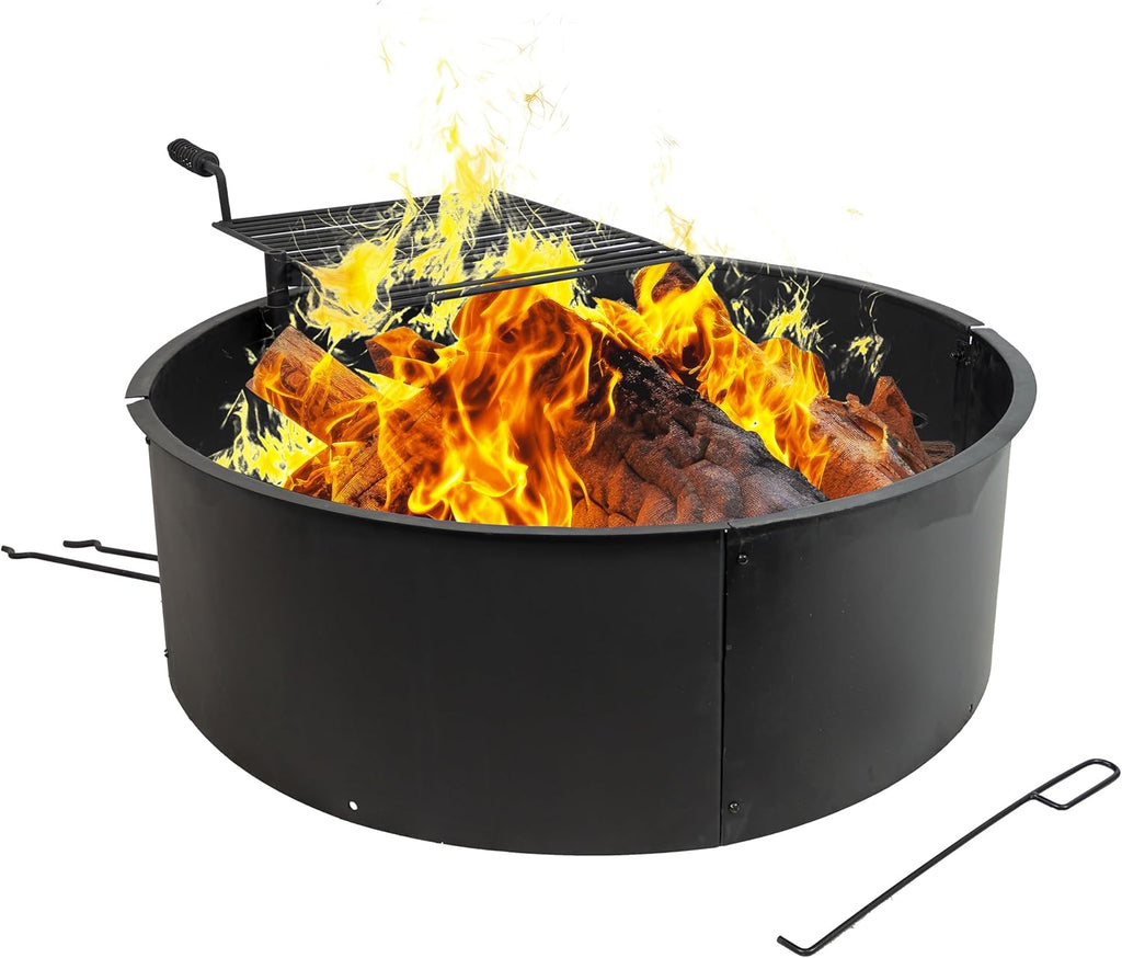 36 Inch Fire Pit Ring with Cooking Grate - Heavy-Duty Steel