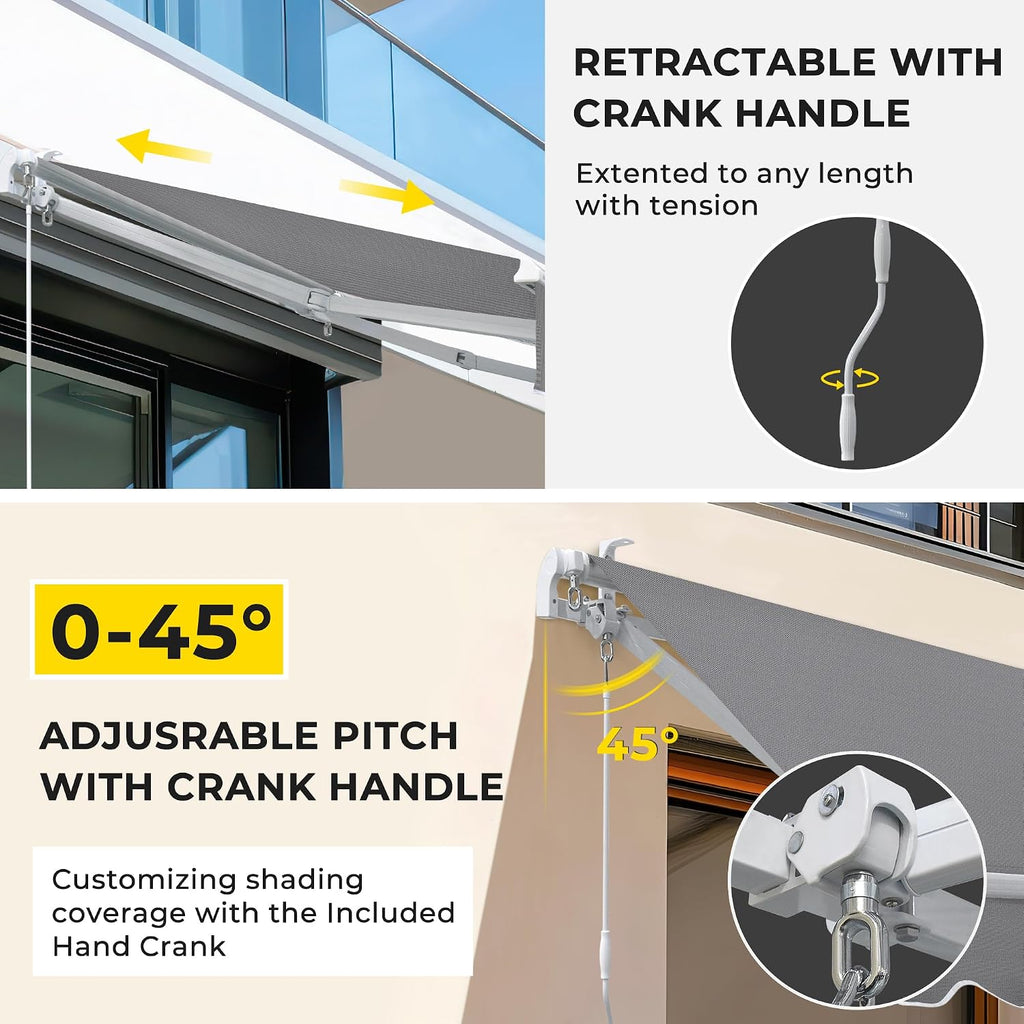 13.1'x9.8' Patio Awning Retractable Fully Assembled, Grey | Manual Sunshade Shelter Outdoor Deck Canopy Balcony