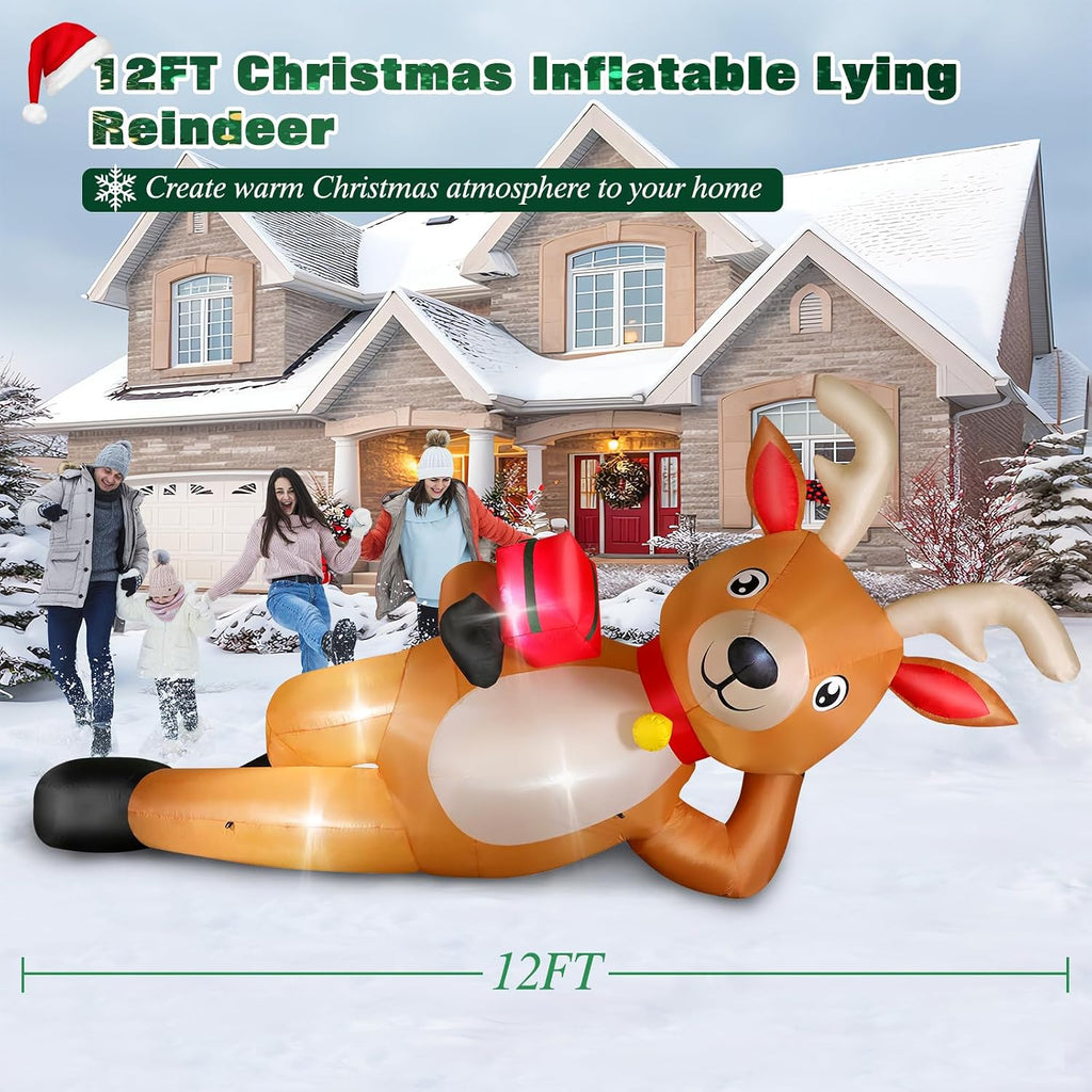 12 FT Giant Christmas Inflatable Reindeer Outdoor Decorations, Large Blow Up Reindeer with Gift Box Decor, Built-in
