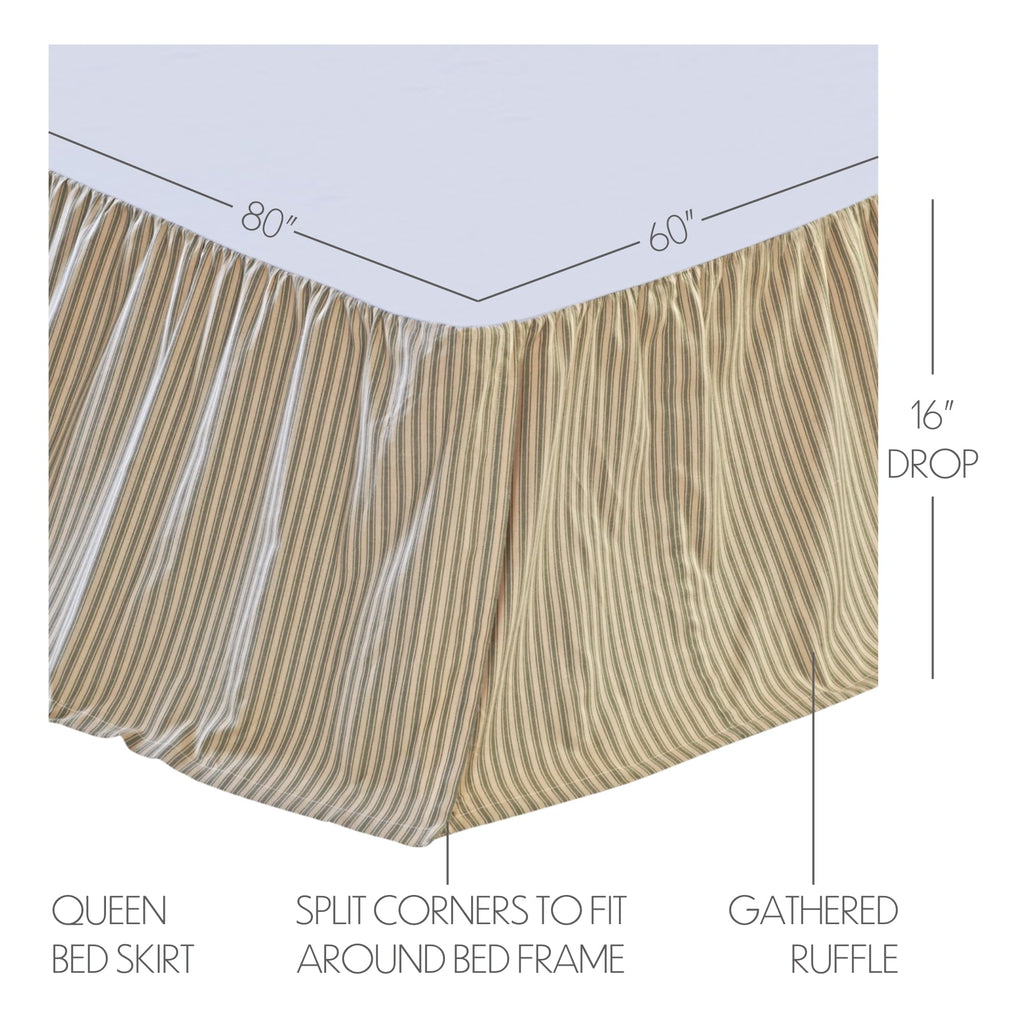 Prairie Winds Ticking Striped Cotton Farmhouse Split Corners Gathered Accessory, Queen Bed Skirt 60x80x16