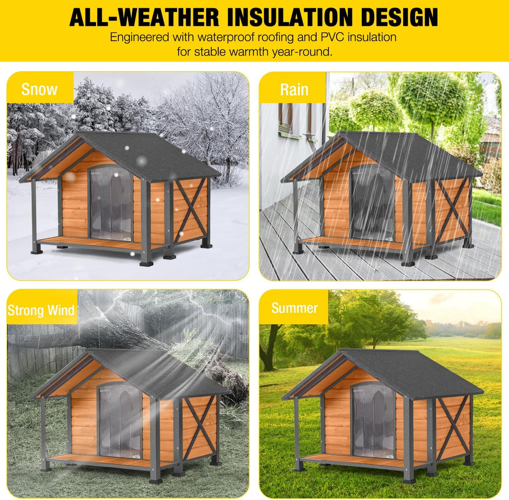 Heated Outdoor Dog House - Weatherproof Insulated Wooden Shelter with Iron Frame, Large Porch for Medium & Large