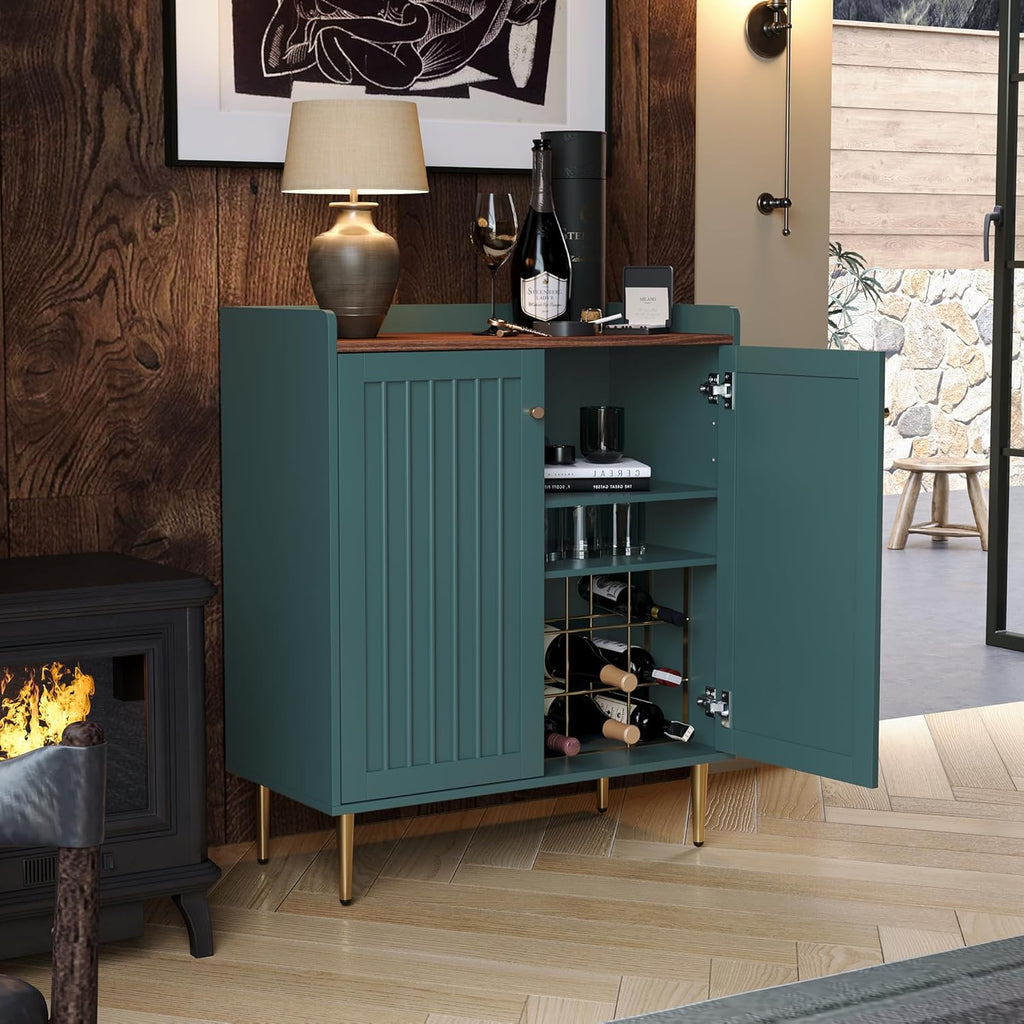 Modern 32 inch Wide Coffee Bar Cabinet with Wine Storage, Liquor Cabinet with Glass Holder & Grid Rack, Fluted