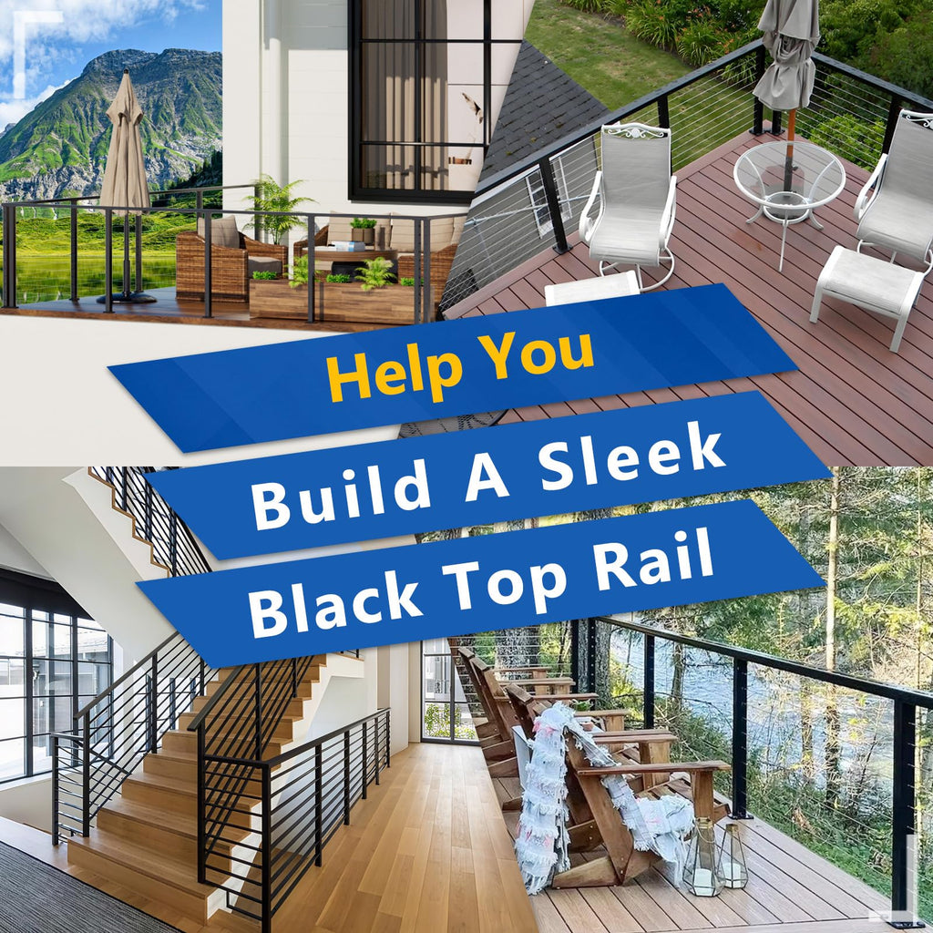 10FT T304 Stainless Steel Cable Railing Black Handrail, 2" W x 1" H