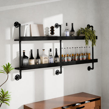 Bar Shelves, Wall Mounted Wine Rack, Black, 60 Inch | 2 Tier, Industrial style, Solid pine shelves, black pipe