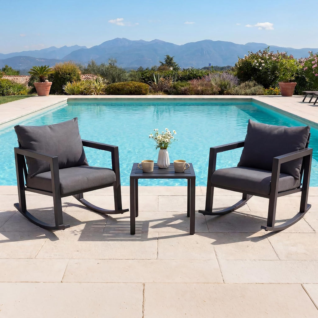 Outdoor Rocking Chair Set 2 with Coffee Table, 3 Piece Metal Rocking Bistro Set with 5.1" High Density Cushions for