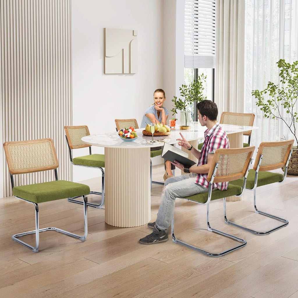 Dining Chairs Set of 4, Modern Rattan Kitchen Chairs, Mid Century Modern Design, Polished Chrome Frame, Upholstered