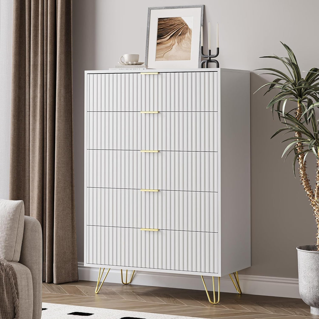 White 5 Drawer, Fluted with Gold metal Handles