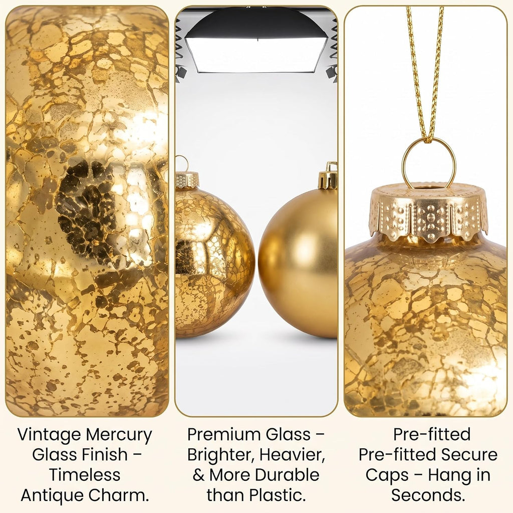 Gold Mercury Glass Christmas Ornaments, 3.15'' Vintage Xmas Hanging Baubles