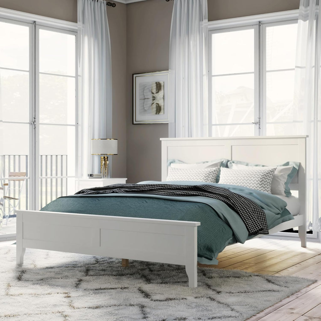 Modern Farmhouse Platform King Bed Frame, Solid Wood Platform Bed Frame with Headboard, Sturdy Wooden Foundation with