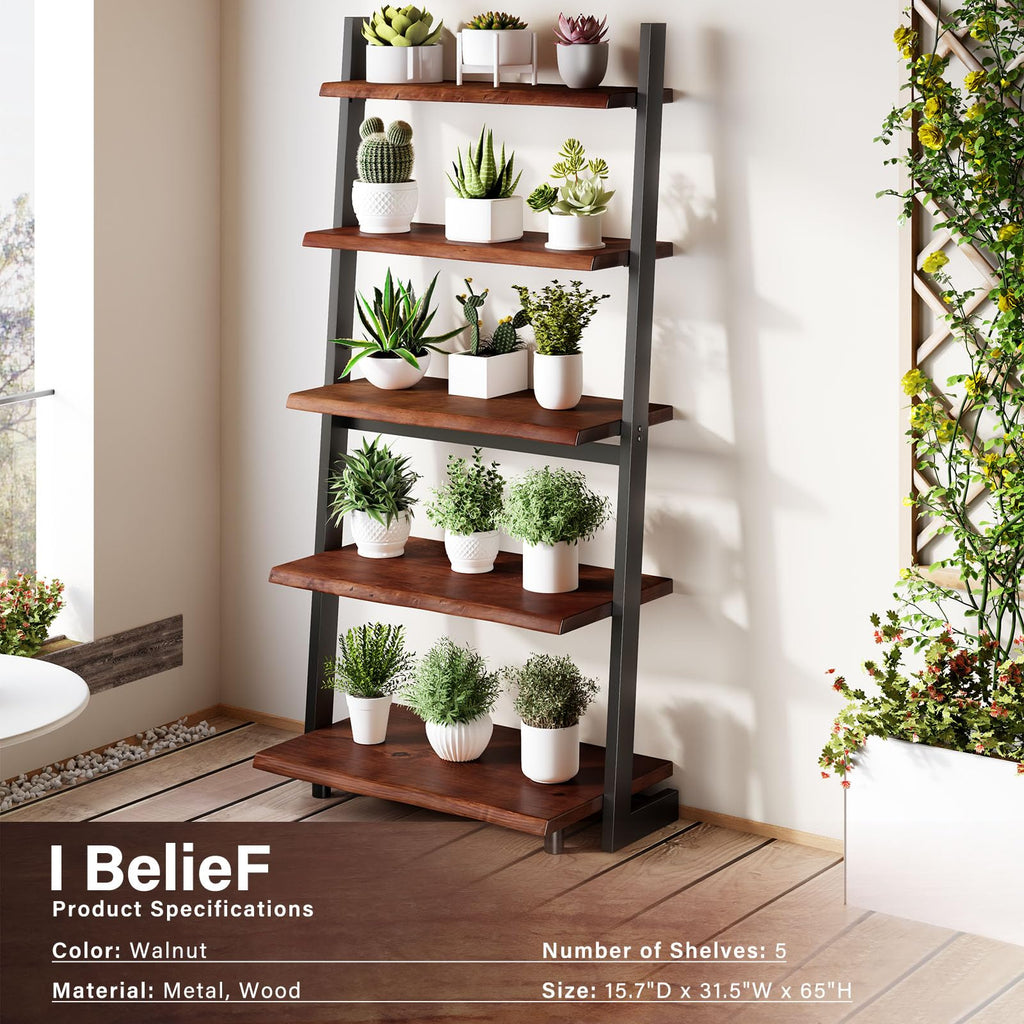 5-Tier Solid Wood Ladder Bookshelf with Natural Live Edge