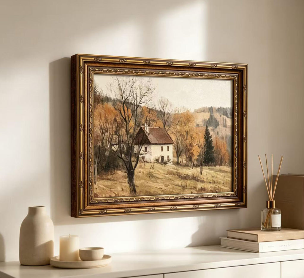 Vintage Gold Framed Autumn Country Cottage Wall Art, Rustic Farmhouse Landscape Canvas Prints, Retro Fall Cabin