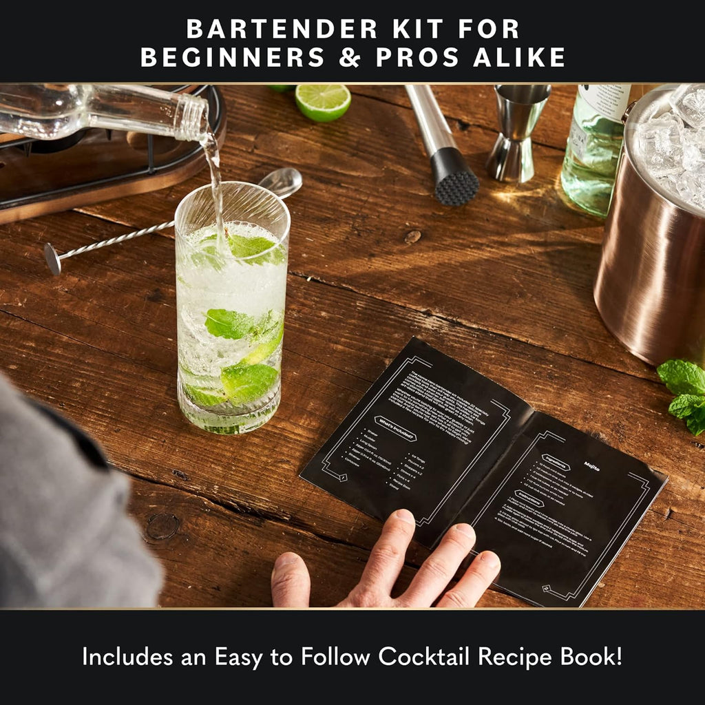 Bartender Kit - 22-Piece Cocktail Shaker & Bar Tool Set - Wooden Stand Display & Bar Cart Accessories - Recipe Book &