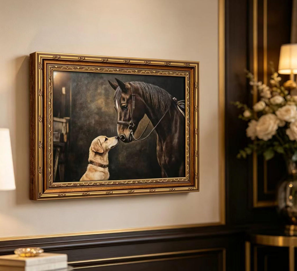 Gold Framed Vintage Horse And Dog Canvas Wall Art Rustic Farmhouse Retro Animal Landscape Painting Picture Wall Decor