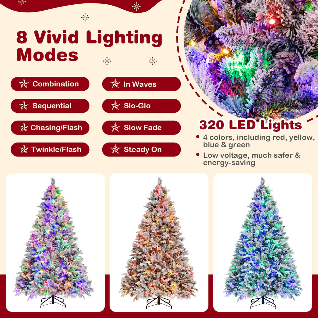 Pre-Lit Snow Flocked Christmas Tree 7 FT, Hinged Artificial Xmas Tree with 320 Multi-Color LED Lights, 8 Lighting