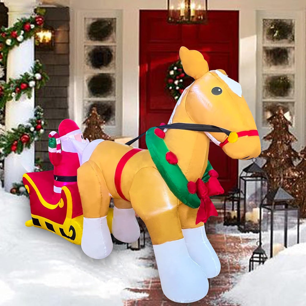7FT Christmas Inflatables Santa Claus on Sleigh with a Horse Decorations, LED Lighted Xmas Christmas Blow up Yard
