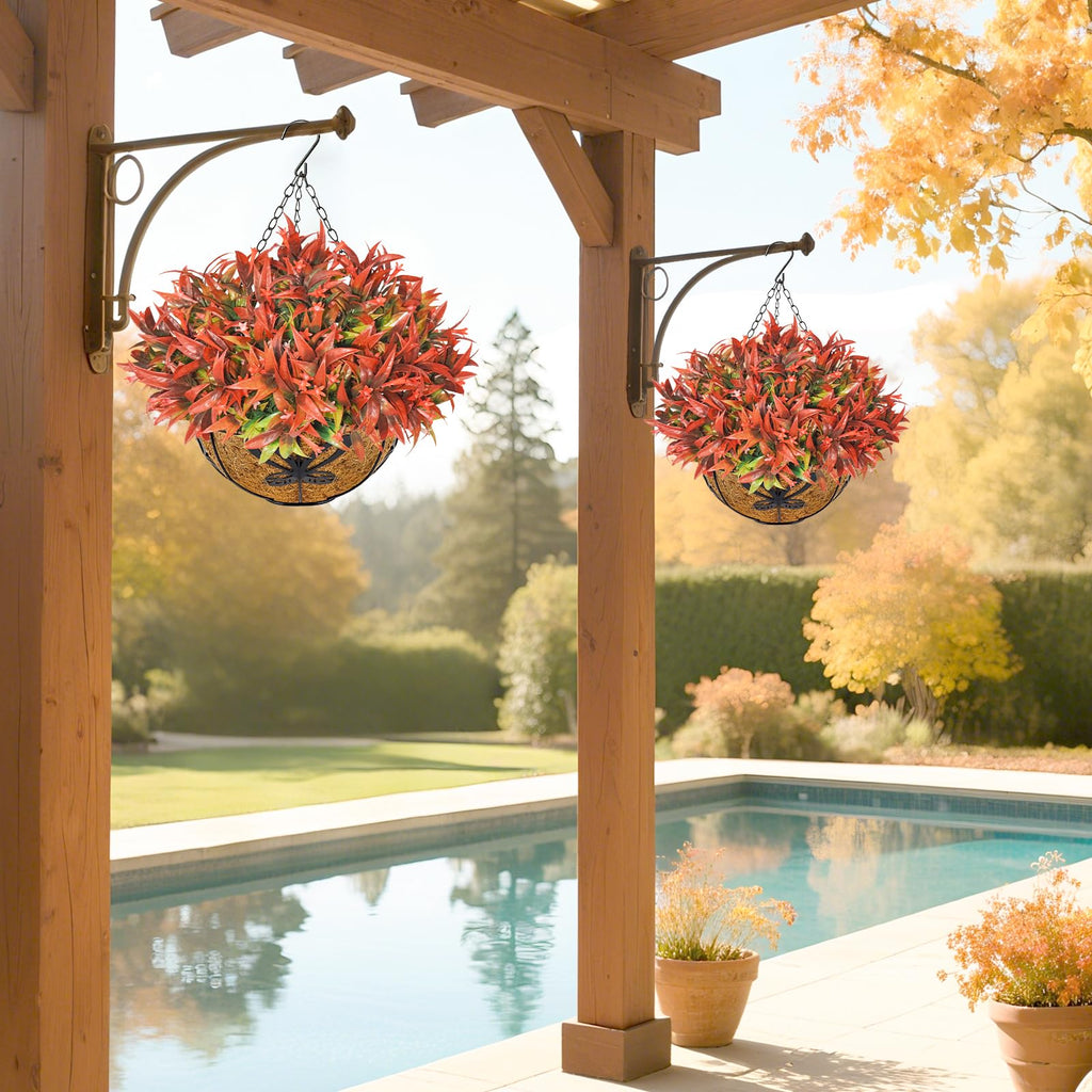2PCS Artificial Hanging Flowers for Outdoors with Hanging Basket, 22.8" 10pcs UV Resistant Fall Faux Flowers, Fake