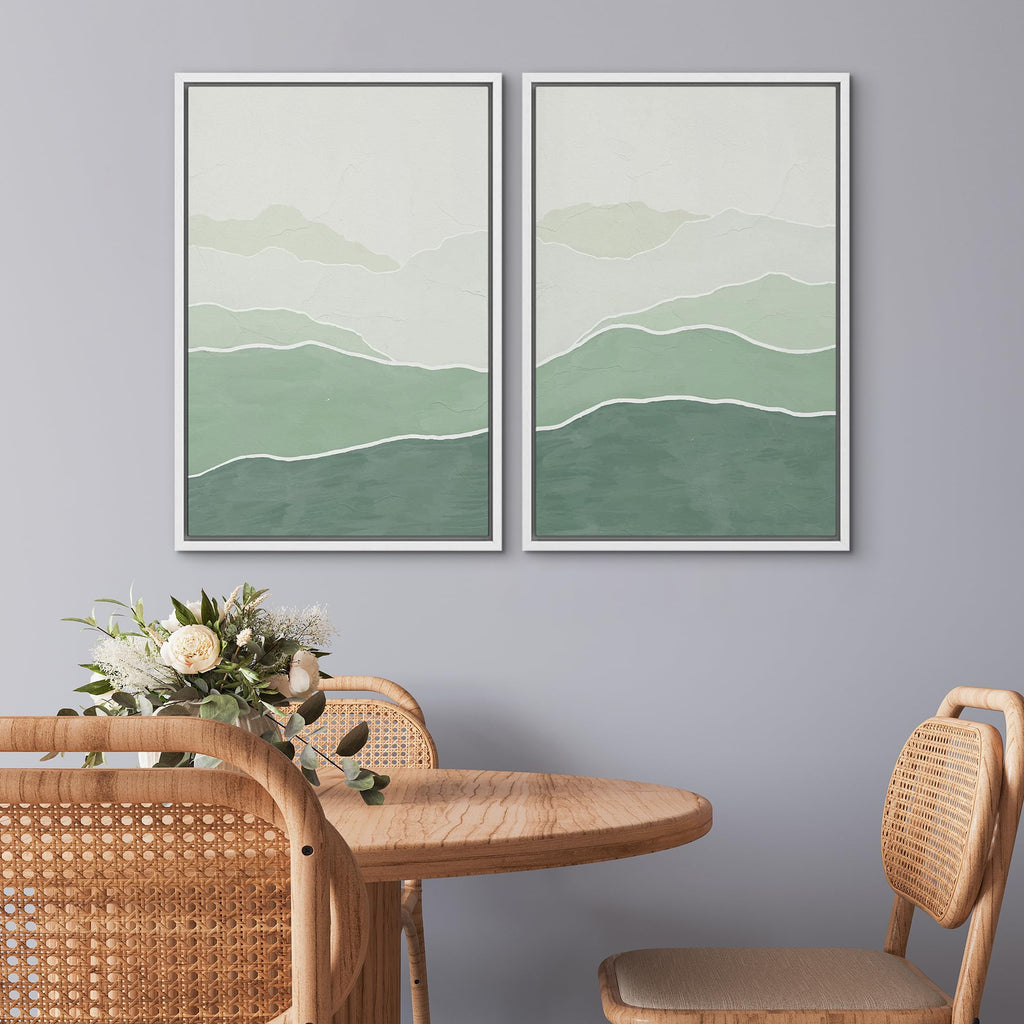 Framed Wall Art Print Set Green Gradient Wave Landscapes Abstract Shapes Illustrations Modern Art Bohemian Relax/Calm