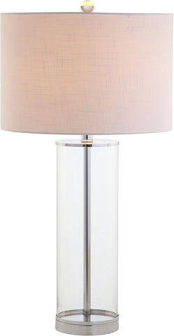 29" Clear/Chrome Modern Glass Table Lamp Bedroom, Minimalist Nightstand Bedside Lamp, White Linen Dr