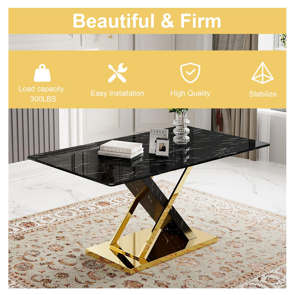 Marble Dining Table Set for 6, 63 in Black Rectangular Table with Gold X-Shaped Frame and 6 Grey Leather Dining
