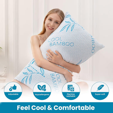 Queen Size 2 Pack Rayon Made from Bamboo Pillows for Sleeping, Cooling Shredded Memory Foam Adjustable Bed Pillow