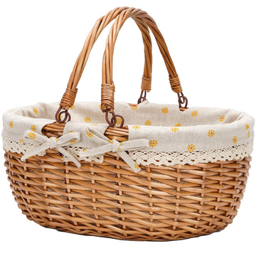 Good GAIN Wicker Picnic Basket w/Fold Handles, Willow Empty Baskets, Yellow
