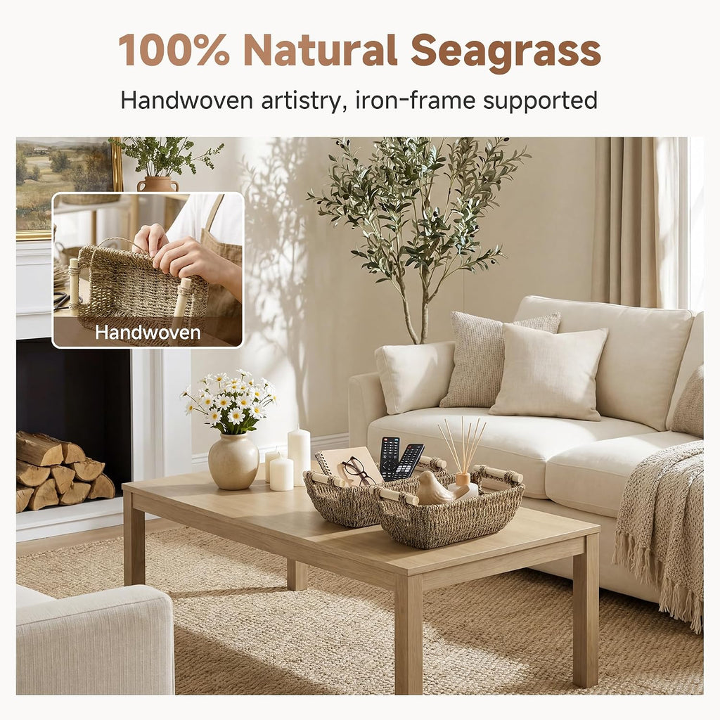 Small Baskets for Shelf, Seagrass Woven Basket with Wooden Handles for Gifts, 2-Pack