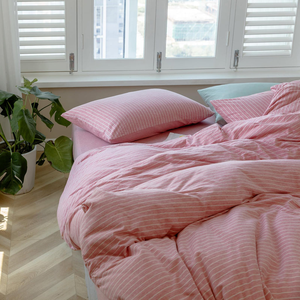 100% Cotton Jersey Knit Striped Duvet Cover, Pink and Off White