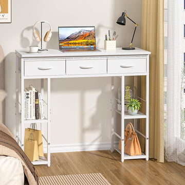 White Computer Desk with Drawers, 35.5 Inch Home Office Work Table with Bookshelf, Kids Teens Study Writing Table