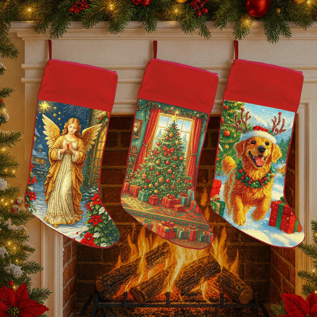 Personalized Needlepoint Christmas Stockings, 2D Plush Angel Stockings with Names, Xmas Stocking for Kids, Holiday