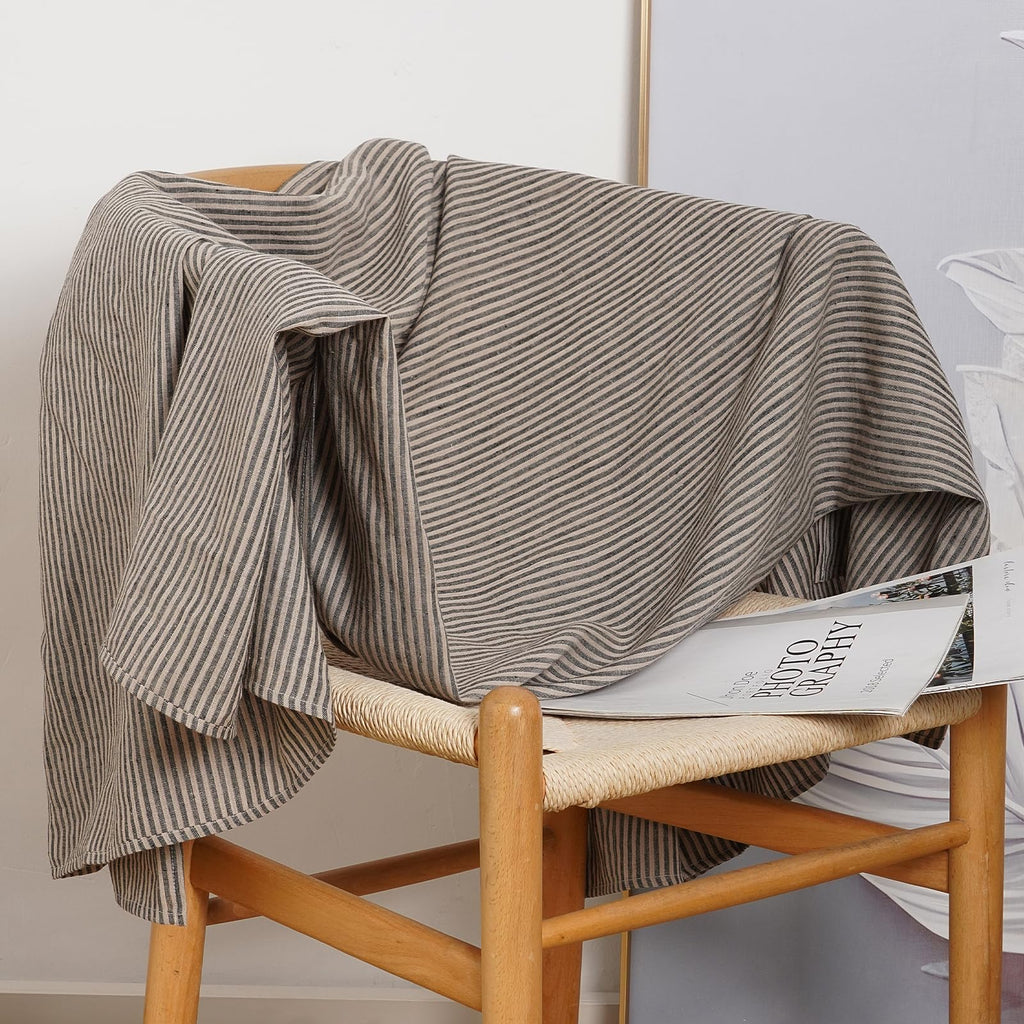 100% Linen Striped Throw Blanket - 53 x 59 Inch Super Soft Throw Blankets for Sofa Lightweight Breathable for Couch