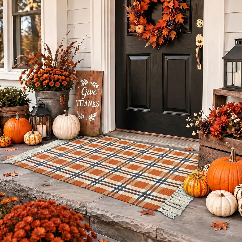 Fall Buffalo Plaid Rug Outdoor Cotton Orange Autumn Rug 28 x 43 Inch