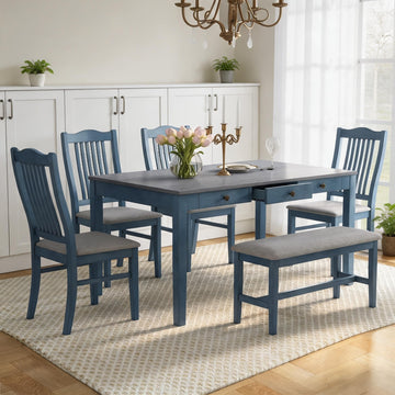 6-Piece Dining Table Set with Bench, Farmhouse Solid Wood Kitchen Table Set with Bench, 4 Upholstered Chairs &