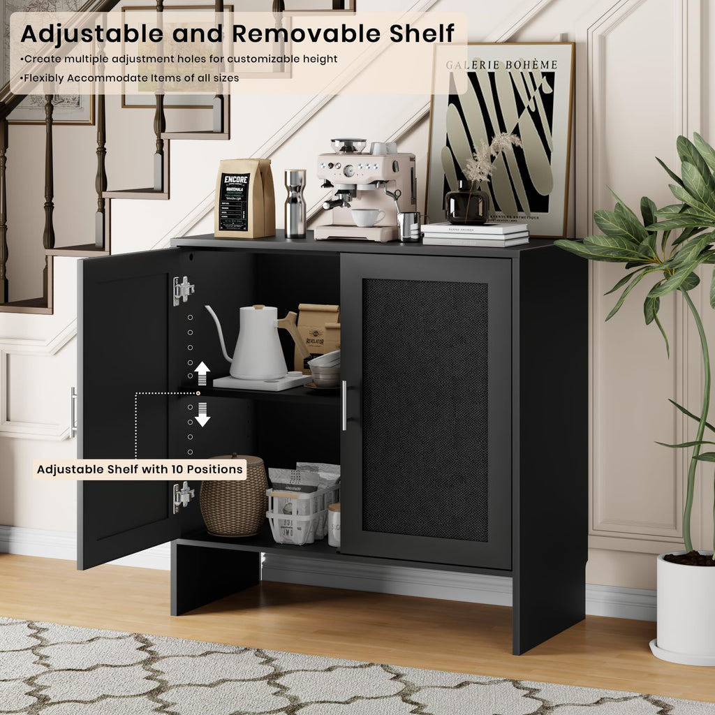 63" Buffet Cabinet Set of 2, Accent Cabinet with Storage & Adjustable Shelf, Modern Sideboard with Black Rattan
