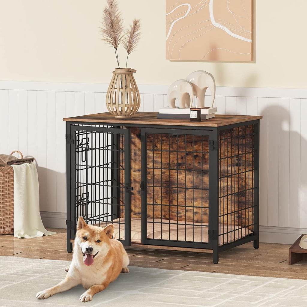 Dog Crate Furniture with Cushion, Wooden Dog Kennel with Double Doors, Heavy Duty Dog Cage for Small/Medium/Large Dogs