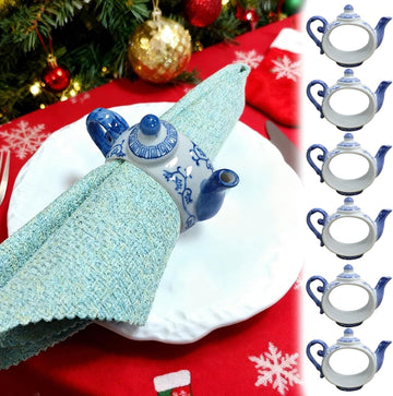 New Classic Teapot-Shaped Napkin Ring Ceramic Napkin Rings 3-inch Blue-and-White Design Napkin Holders Ideal - Set of 6