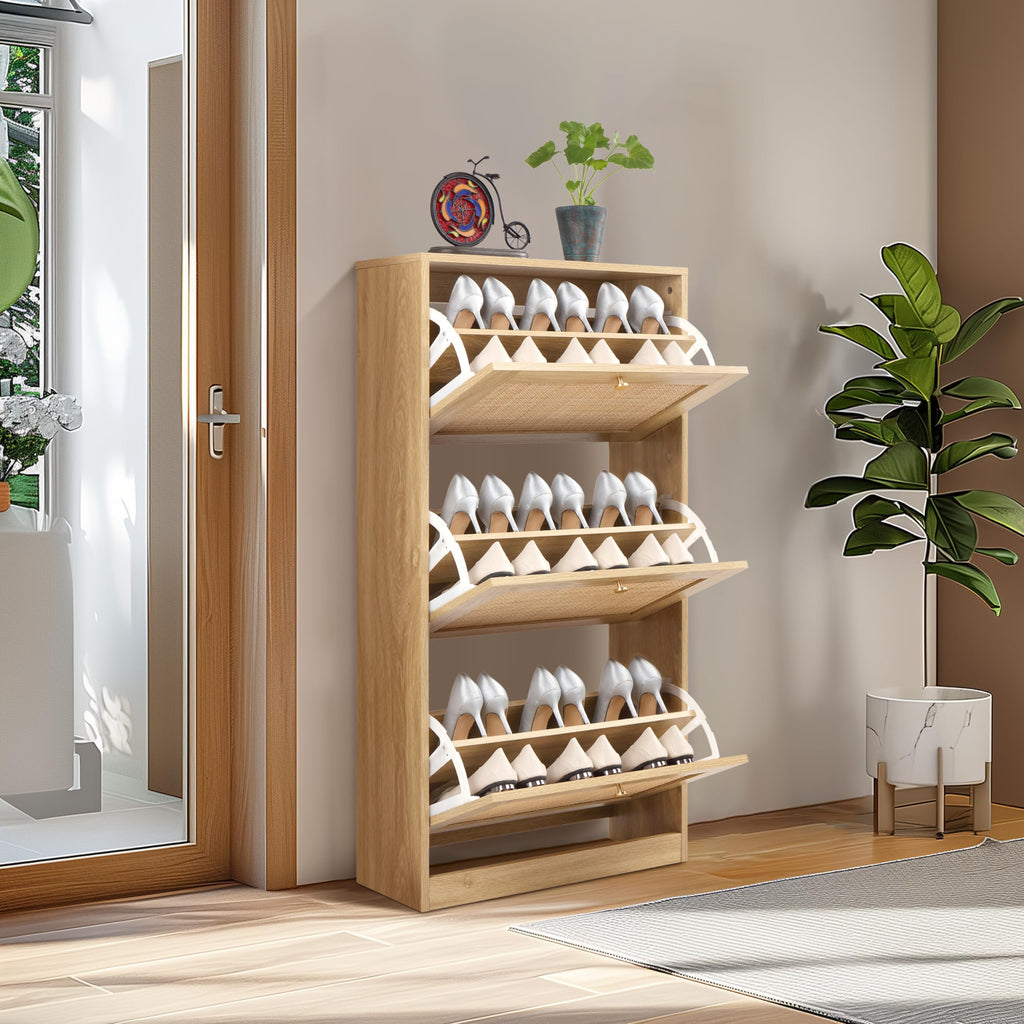 3 Tier Shoe Cabinet with Natural Rattan Flip Drawers, Free Standing Slim Shoe Storage Organizer with Large Top