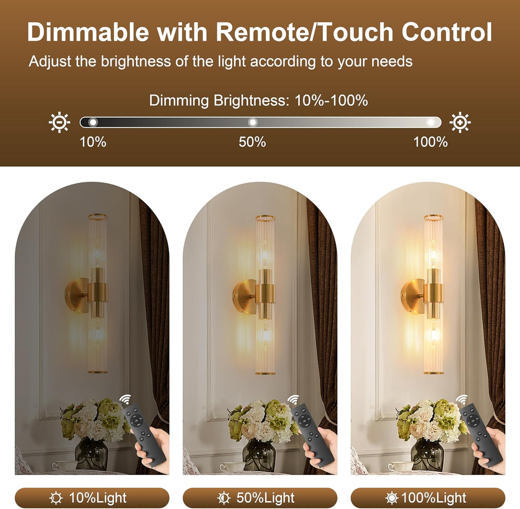 Gold Battery Operated Wall Sconces Set of Two, Rechargeable Wall Sconce with Dimmable Remote Control, 20 Inch