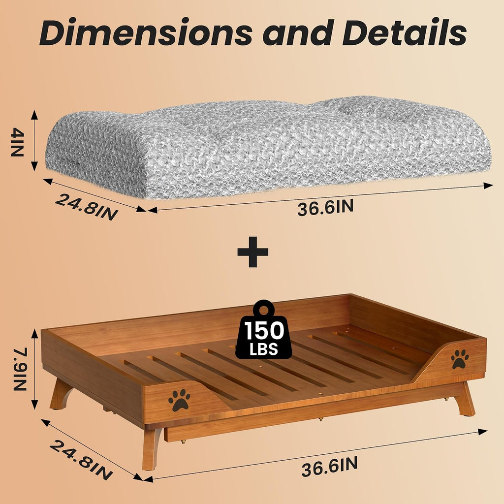 Elevated Dog Bed - Solid Wood Dog Bed Frame with Soft Cushion, Raised Dog Bed for Large Pets up to 150lbs