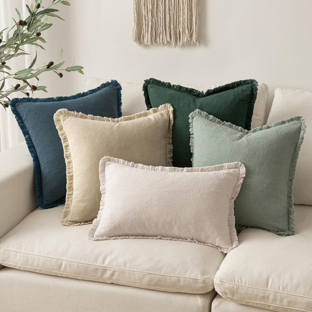 Boho Linen Fringe Decorative Lumbar Throw Pillow Covers Beige 12x20