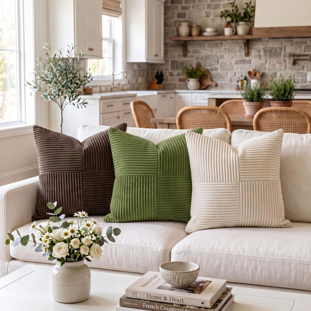 Moss Green Euro Decorative Throw Pillow Covers 28x28 Inch Couch Bed, Farmhouse Boho Home Decor, Soft Corss Corduroy