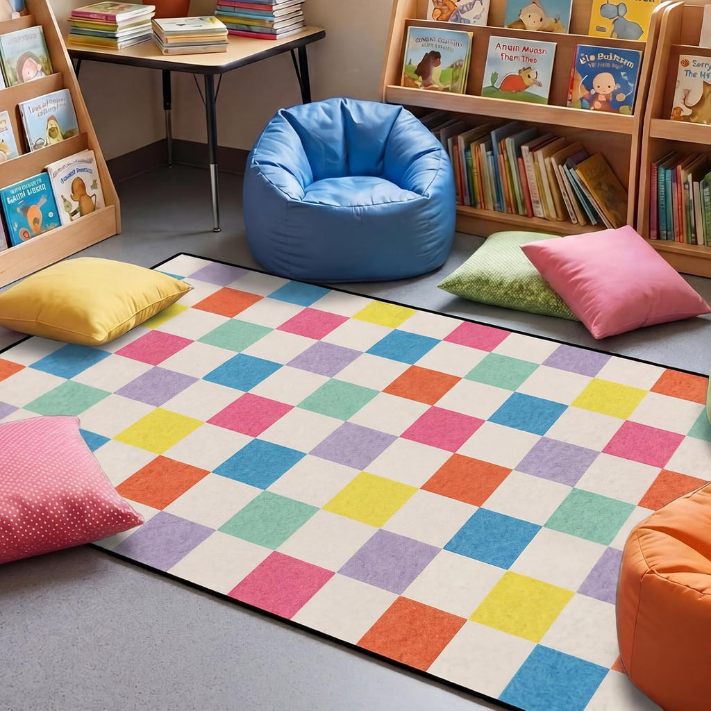 Colorful Checkered Classroom Rug 13'x7'5" Large Classroom Carpet