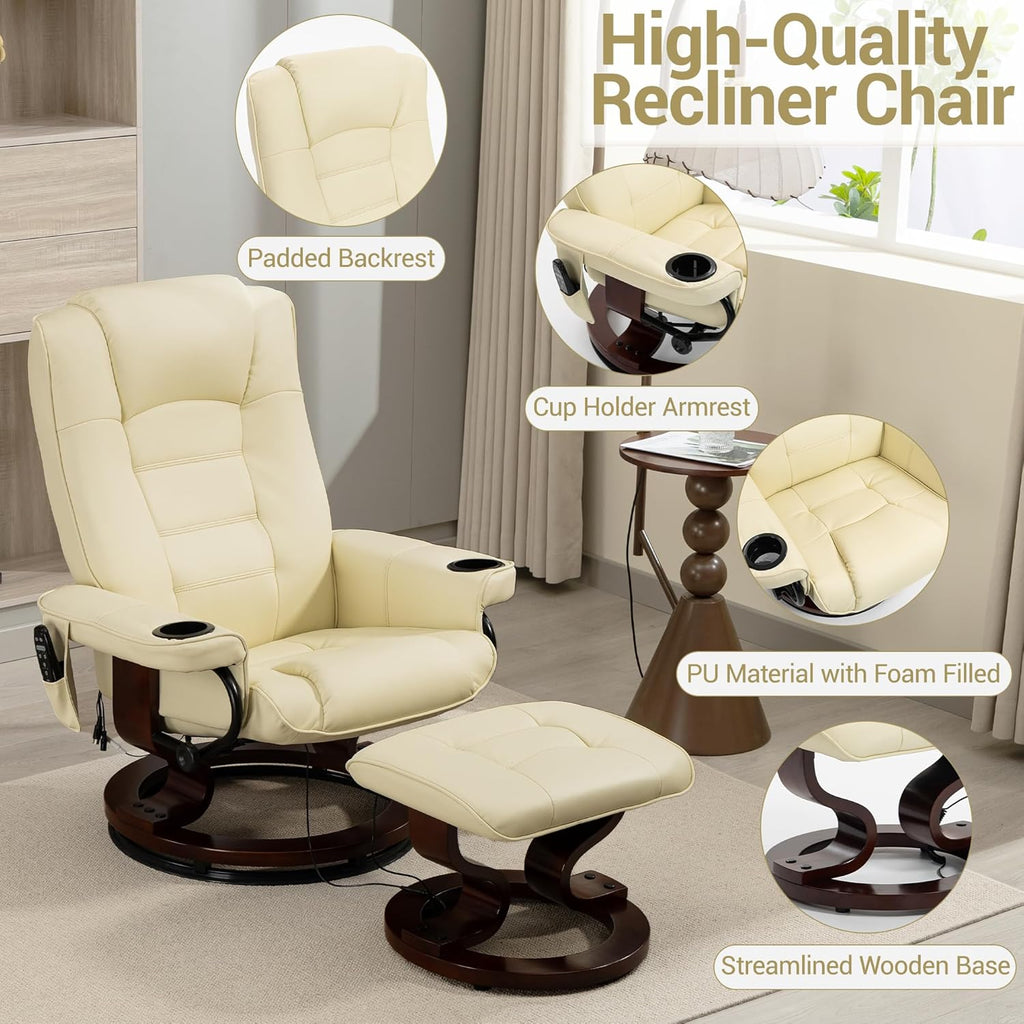Modern Reclining Lounge Chair and Ottoman — Beige PU Leather