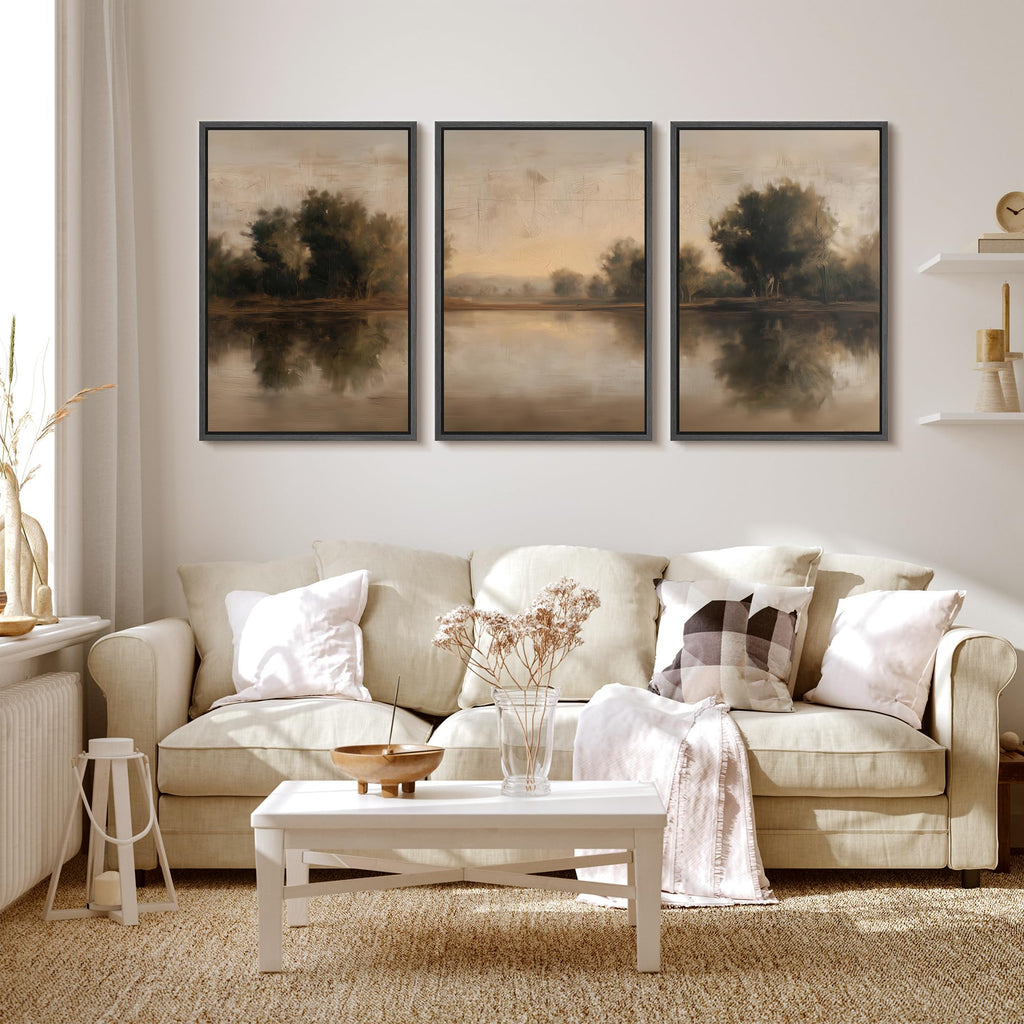 Framed Wall Art Print Set Neutral Tone Lake Reflection Landscape Illustrations Modern Art Boho Decorative Colorful