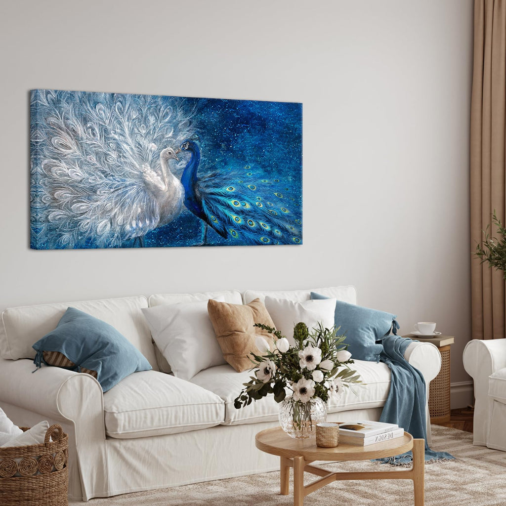 Peacock Canvas Wall Art Blue and White Peacock Couple Painting Pictures Elegant Animal Artworks Romantic Kiss Artwork
