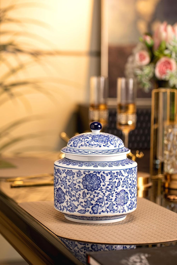 Blue and White Ginger Jar, Chinoiserie Vase, Small Chinoiserie Porcelain Décor, Ginger Jar Vase Decor, Shelf, Table