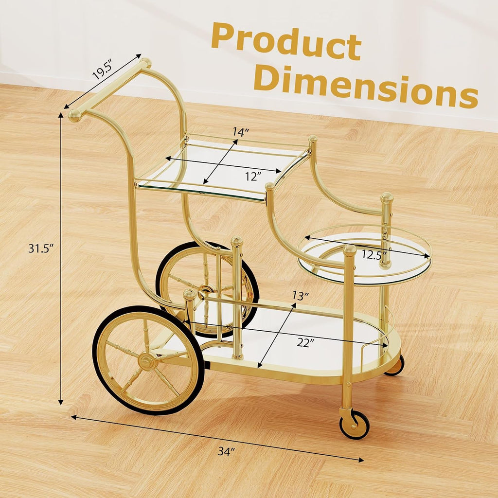 Bar Cart, 3-Tier Rolling Home Bar Serving Cart with Mirrored Shelves & 4 Wheels, Mobile Beverage & Wine Cart (Gold)