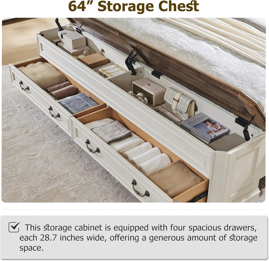 Farmhouse Queen Bed with Headboard and Storage Bench, Rustic Wood Platform Bed with 64" Storage Chest w/ 4 Large