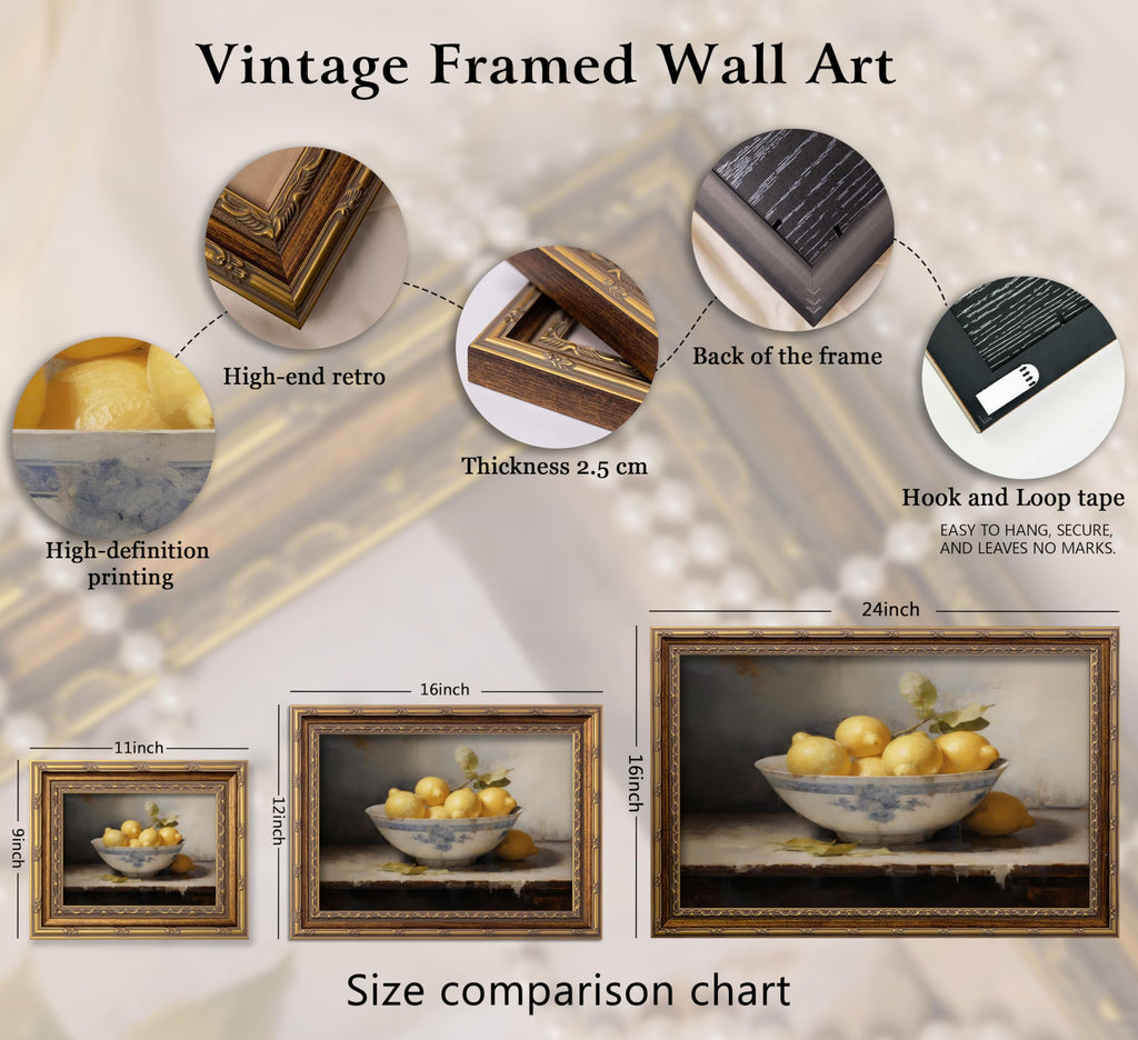Vintage Gold Framed Kitchen Wall Art Retro Rustic Farmhouse Painting Canvas Picture Wall Decor Yellow Lemon Still