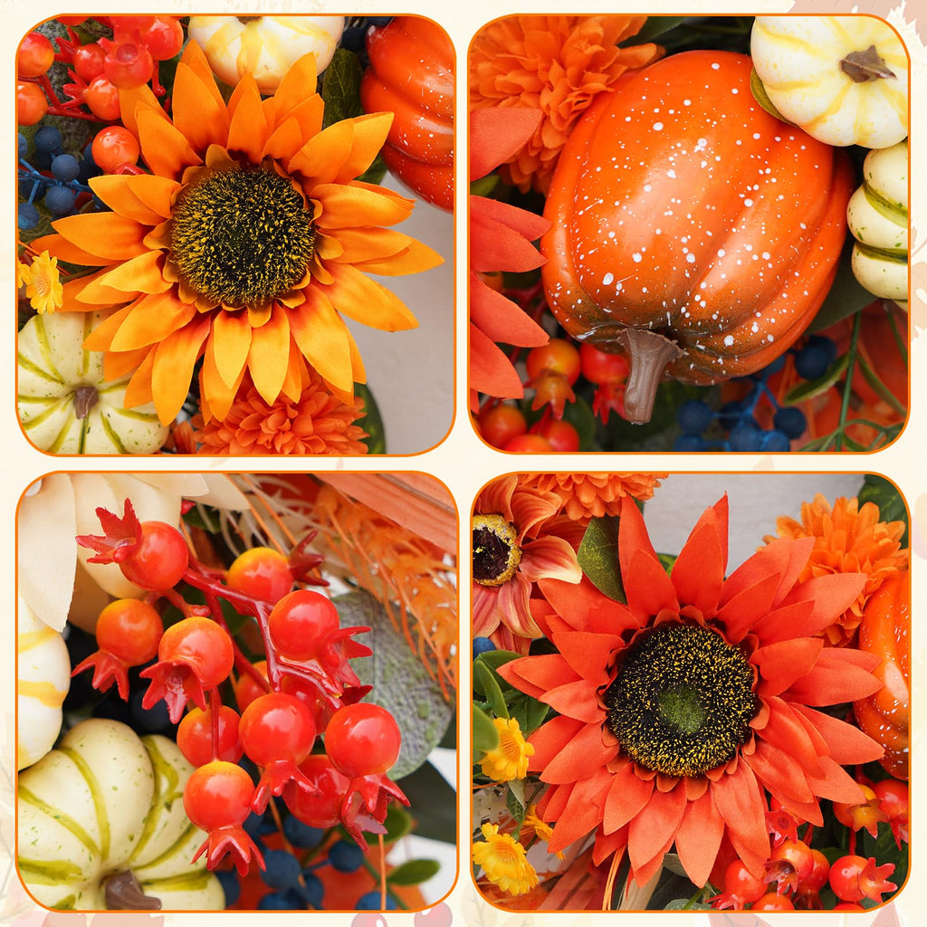 Fall Wreaths for Front Door 24", Fall Door Wreath with Sunflowers, Pumpkins
