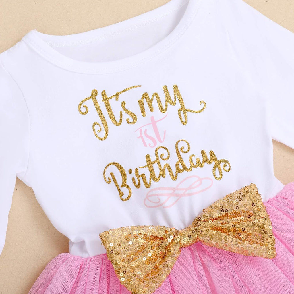 Baby Girls Toddlers My 1st / 2nd / 3rd Birthday Long Sleeve Tutu Dress with Bowknot Headband 2pcs Clothes Set